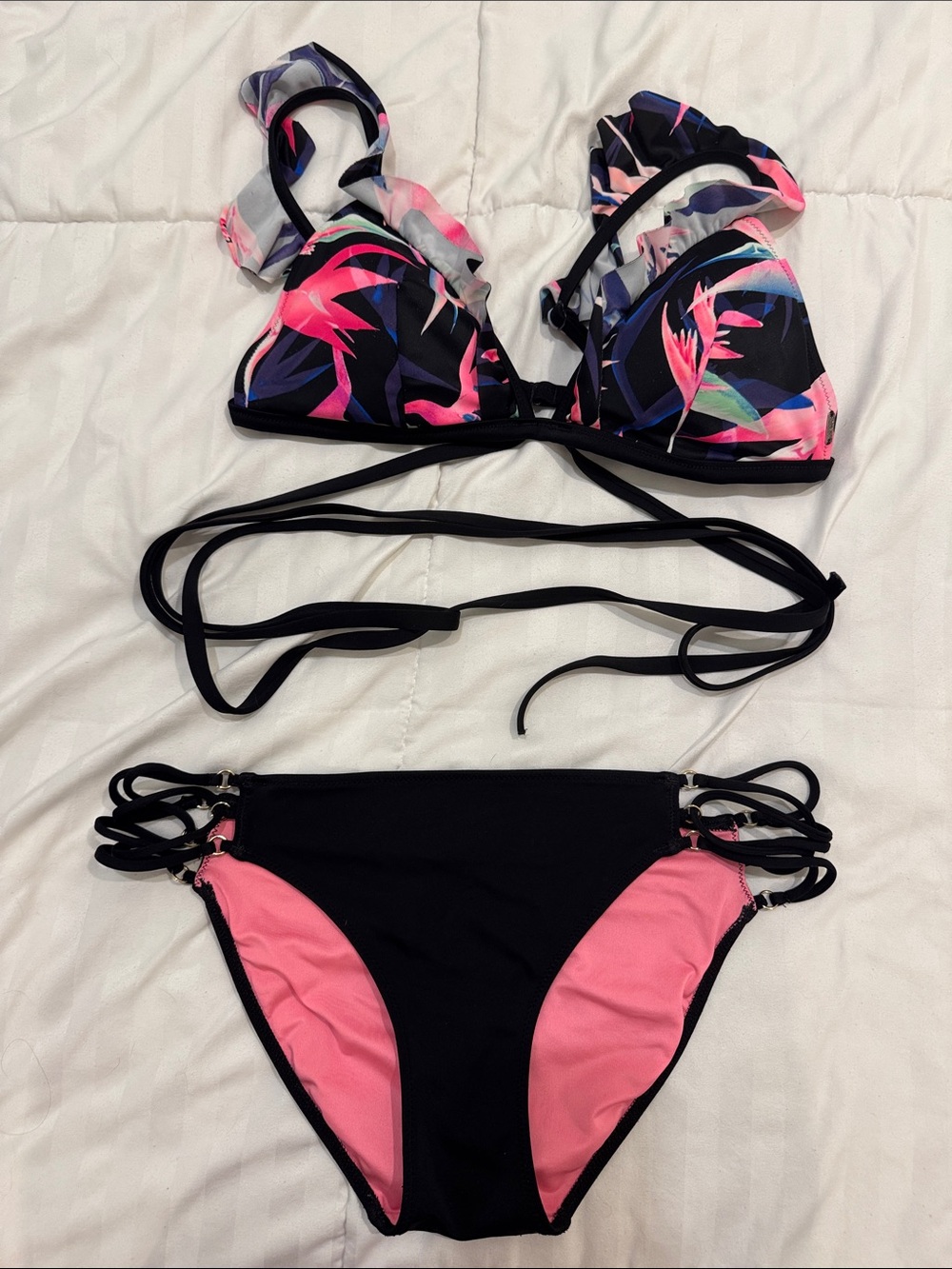 PINK Victoria's Secret Black Bikini with Pink & Blue Floral Top
